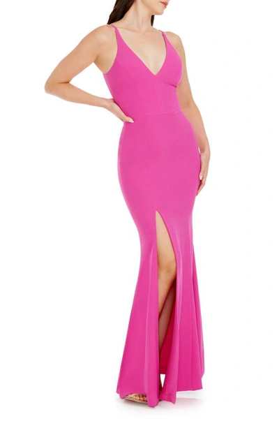 Shop Dress The Population Iris Slit Crepe Gown In Bright Fuchsia