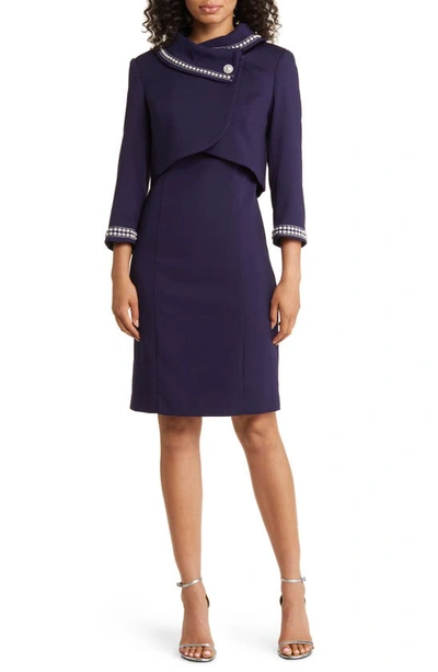 Shop Tahari Asl Beaded Jacket & Sheath Dress In Midnight Navy