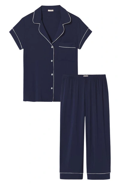 Shop Eberjey Gisele Jersey Knit Crop Pajamas In Navy/ Ivory