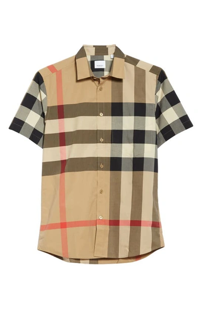 Shop Burberry Somerton Check Stretch Cotton Shirt In Camel