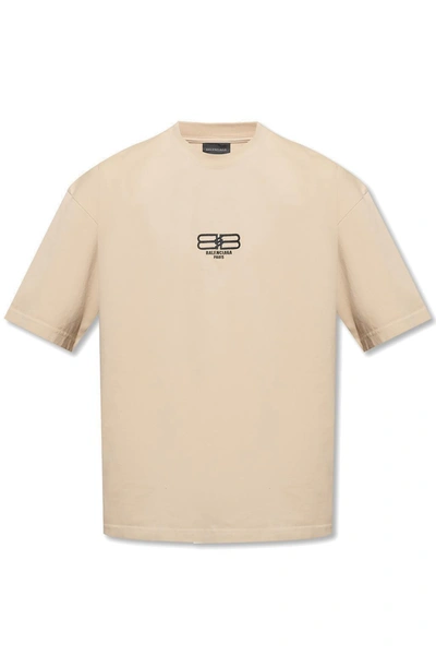 Shop Balenciaga Bb Logo Printed Crewneck T-shirt In Beige/black