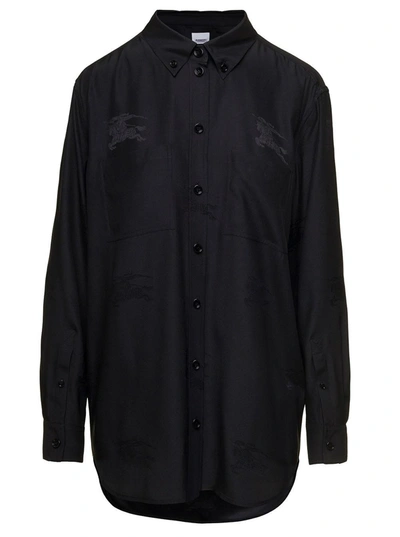 Shop Burberry Black Loose Shirt With Tonal Logo Print In Silk Woman