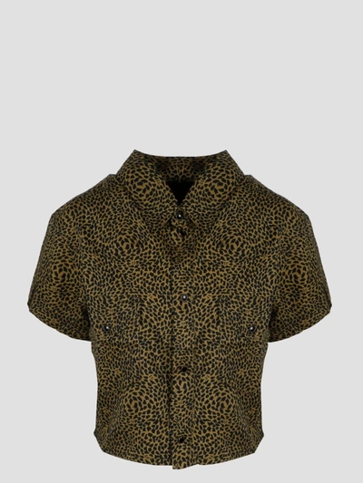 Saint Laurent Warped Leopard Print Short Sleeve Crop Snap-up Shirt