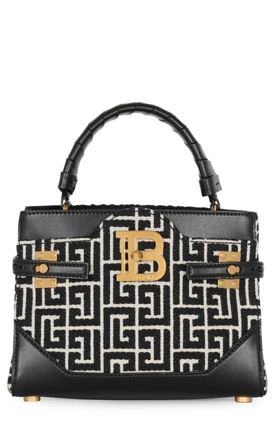 Shop Balmain B-buzz 22 Monogram Jacquard Top Handle Bag In Ivory/ Black