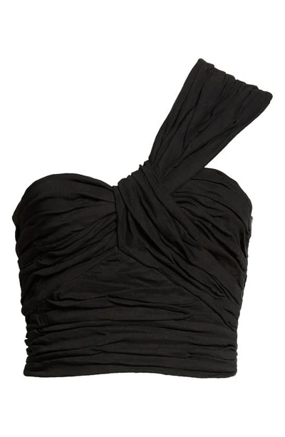 Shop A.l.c Apollo One-shoulder Linen Blend Crop Top In Black