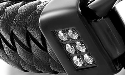 Blackjack Mens Stainless Steel Genuine Black Leather Black Curb Link W/ Cz Bracelet In Black