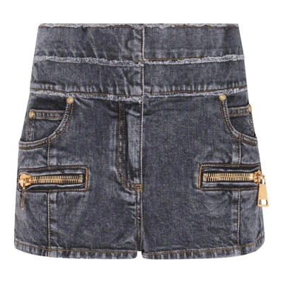 Shop Balmain High Waist Faded Denim Mini Shorts In Blue