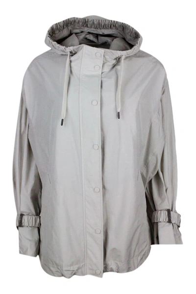 Shop Brunello Cucinelli Water Resistant Outerware Jacket With Hood And Drawstring Hem. Curl On The Sleeve In Grey