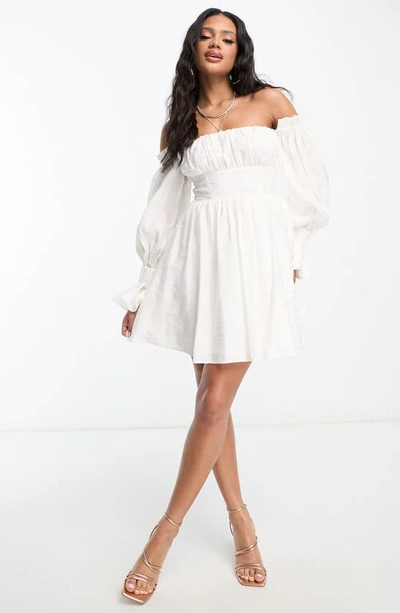 Shop Asos Design Off The Shoulder Long Sleeve Minidress In White