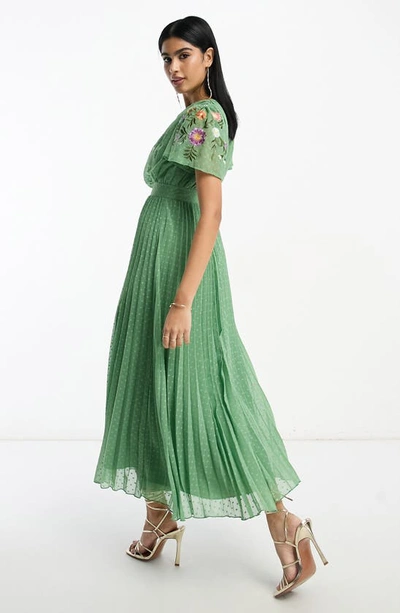 Shop Asos Design Floral Embroidered Clip Dot Chiffon Maxi Dress In Khaki