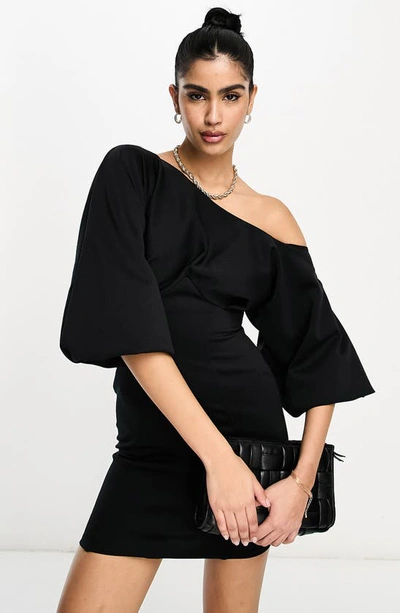 Shop Asos Design One-shoulder Puff Sleeve Sheath Dress In Black