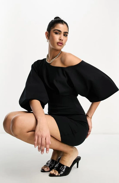 Shop Asos Design One-shoulder Puff Sleeve Sheath Dress In Black