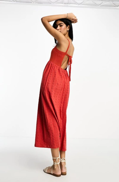 Shop Asos Design Broderie Midi Dress In Red