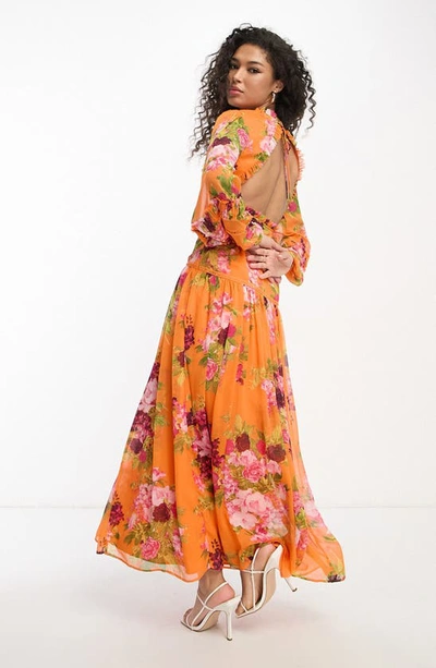 Asos Design Floral Print Ruched Long Sleeve Chiffon Maxi Dress In Orange Multi