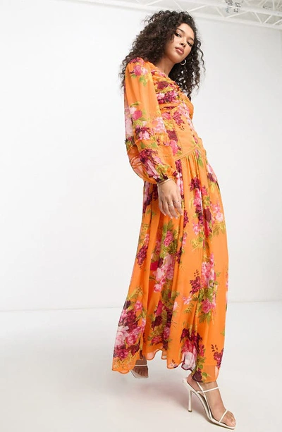 Asos Design Floral Print Ruched Long Sleeve Chiffon Maxi Dress In Orange Multi