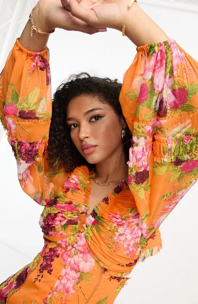 Asos Design Floral Print Ruched Long Sleeve Chiffon Maxi Dress In Orange Multi