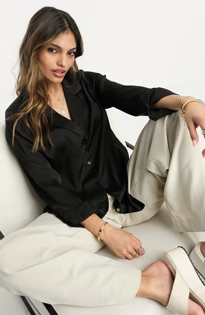 Shop Asos Design Relaxed Fit Satin Button-up Shirt In Black
