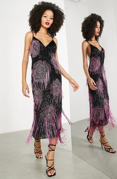 Asos Design Cami Midi Dress With Floral Fringe In Black And Pink | ModeSens