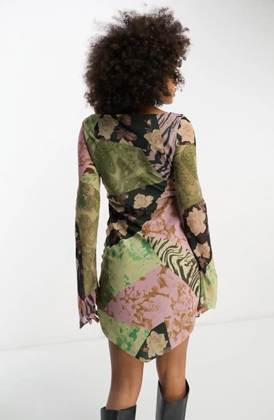 Shop Asos Design Print Long Sleeve Chiffon Minidress In Green Multi