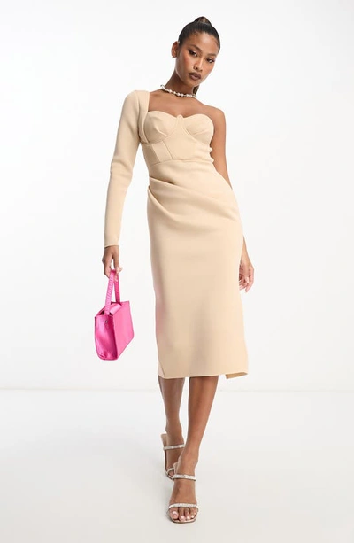 Shop Asos Design Corset One-shoulder Pencil Dress In Beige Multi
