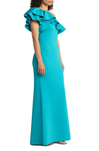 Shop Eliza J Ruffle One Shoulder Bodycon Gown In Jade Teal