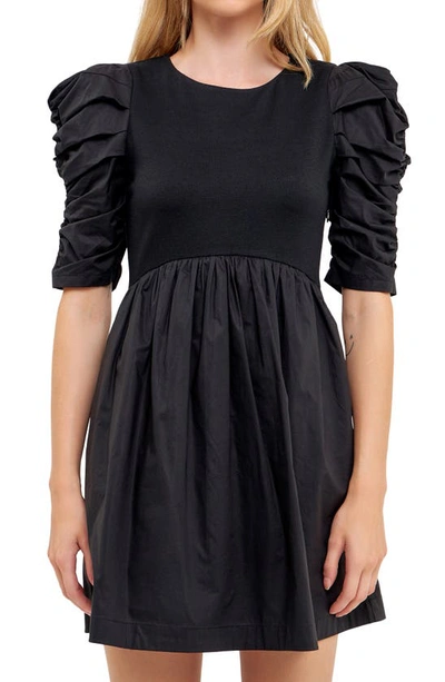 Shop English Factory Ruched Puff Sleeve Cotton Dress In Black