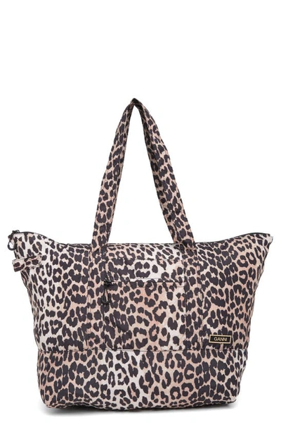 Shop Ganni Large Nylon Tote In Leopard