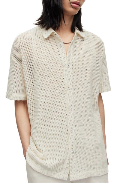 Shop Allsaints Munro Open Stitch Short Sleeve Cotton Button-up Shirt In Chalk White