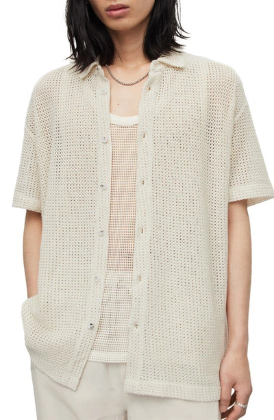 Shop Allsaints Munro Open Stitch Short Sleeve Cotton Button-up Shirt In Chalk White