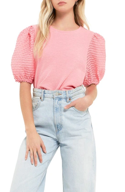Shop English Factory Textured Mixed Media Puff Sleeve Top In Pink