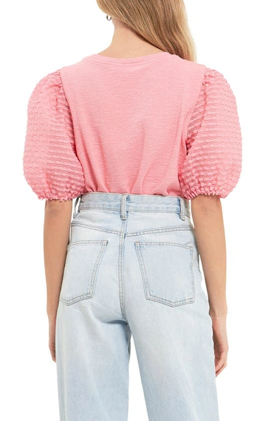 English Factory Textured Mixed Media Puff Sleeve Top In Pink