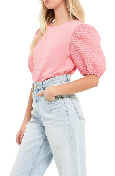 Shop English Factory Textured Mixed Media Puff Sleeve Top In Pink