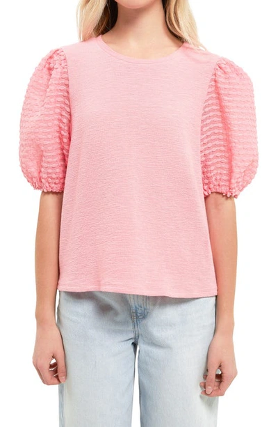 Shop English Factory Textured Mixed Media Puff Sleeve Top In Pink