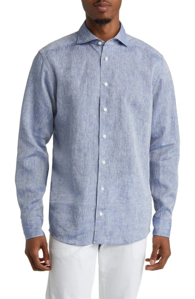 Shop Eton Slim Fit Short Sleeve Linen Button-up Shirt In Medium Blue