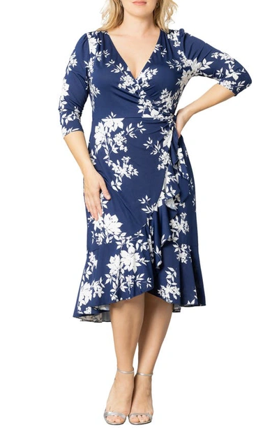 Shop Kiyonna Flirty Flounce Wrap Dress In Navy Floral Print