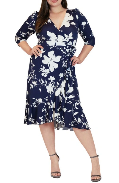 Shop Kiyonna Flirty Flounce Wrap Dress In Navy Floral Print