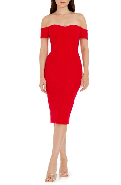 Shop Dress The Population Bailey Off The Shoulder Body-con Dress In Rouge