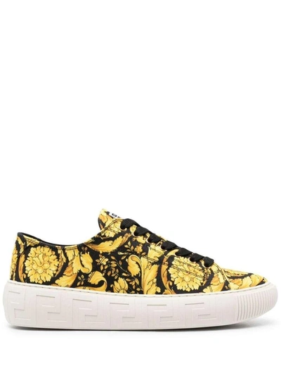 Shop Versace Canvas Baroque Printed Sneakers In Yellow