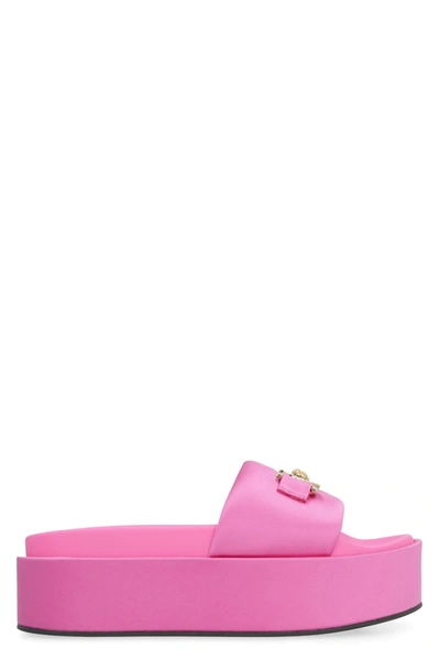 Shop Versace Logoed Satin Platform Slides In Pink