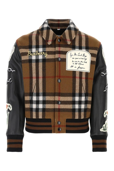 Shop Burberry Embroidered Wool Blend Bomber Jacket In Dark Birch Brown Chk