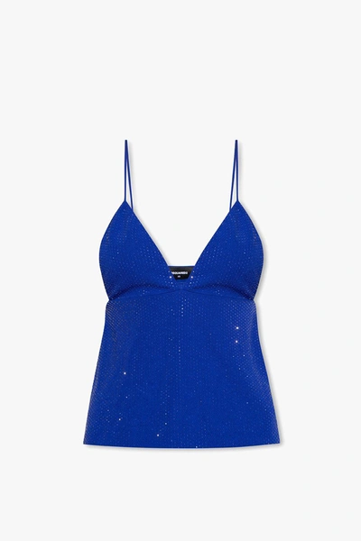 Shop Dsquared2 Top With Glossy Crystals In Blue