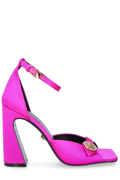 Shop Versace Medusa Plaque Square Toe Sandals In Pink/gold