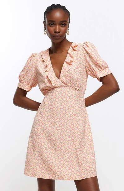 Shop River Island Floral Frill Dress In Pink