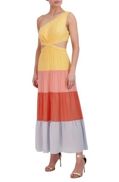 Shop Bcbgmaxazria Colorblock One-shoulder Maxi Dress In Marigold