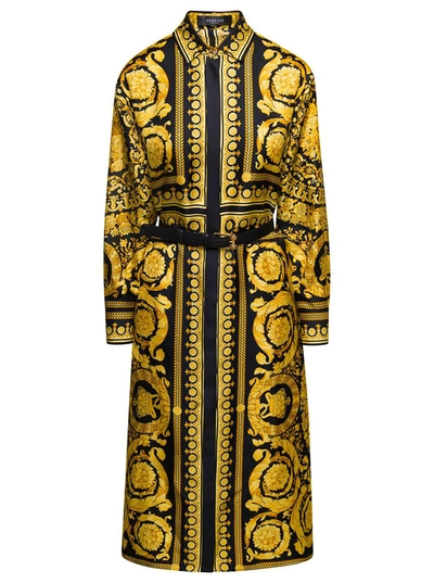 Shop Versace Black And Gold Tone Belted Shirt Dress With Baroque Print All-over In Silk Woman In Multicolor