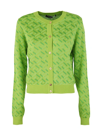 Shop Versace La Greca Jacquard Cardigan In Acid Green Green