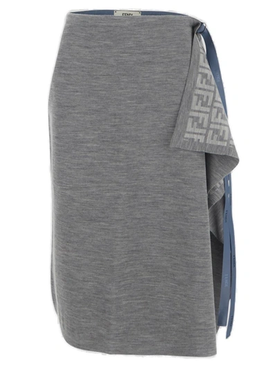 Shop Fendi Asymmetrical Hem Midi Skirt In Grey