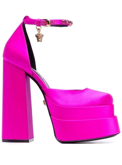 Shop Versace Aevitas Fuchsia Pumps With Medusa Charm And Platform In Silk Blend Woman In Fuxia