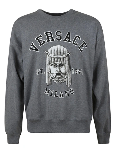 Shop Versace Gauze Fleece Mask Print Sweatshirt In Grey