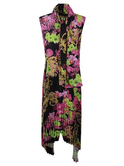 Shop Versace Pleated Floral Print Sleeveless Dress In Black/pink